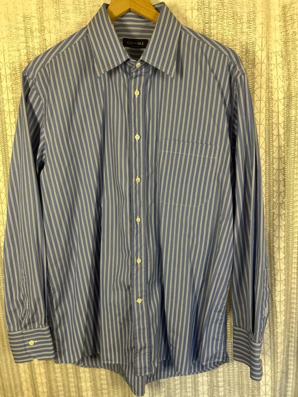 Canali Blue and White Vertical Stripe Dress Shirt
